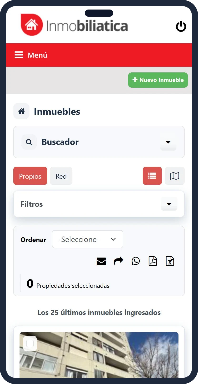 Inmobiliatica en el celular: el listado de inmuebles con el buscador y las herramientas