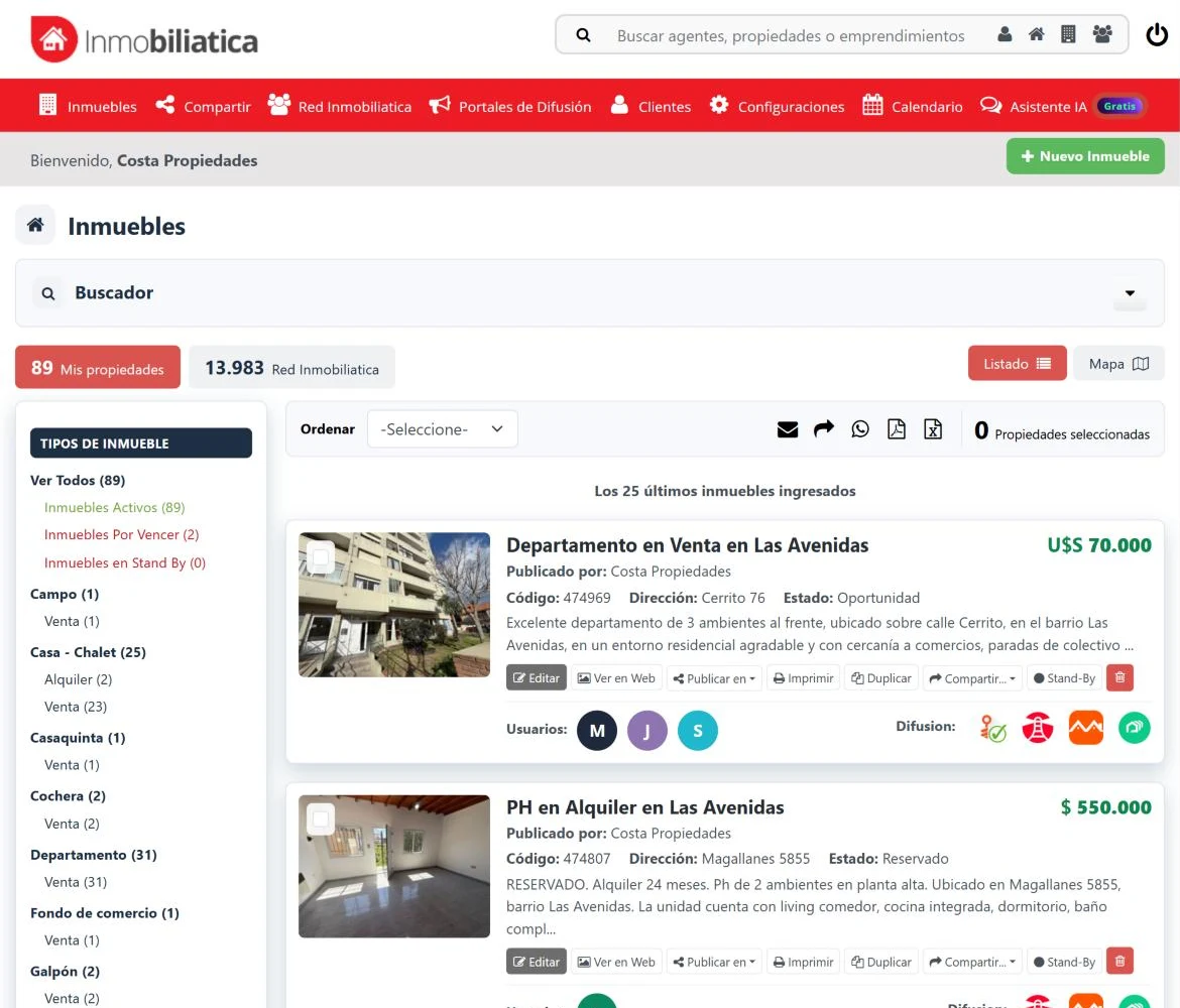 El listado de inmuebles de Inmobiliatica con las herramientas y los portales de cada propiedad