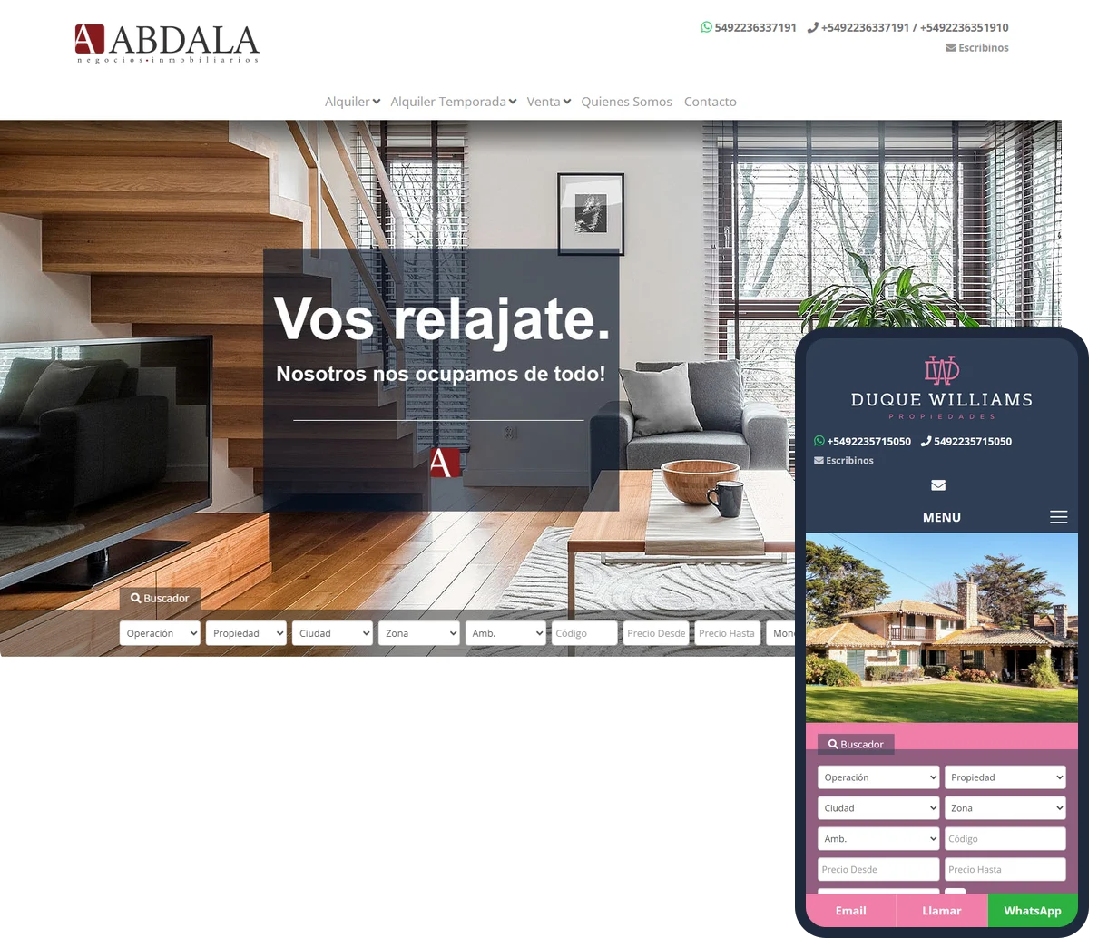 El sitio de Abdala Negocios Inmobiliarios en computadora y el de Duque Williams Propiedades en el celular, hechos con Inmobiliatica